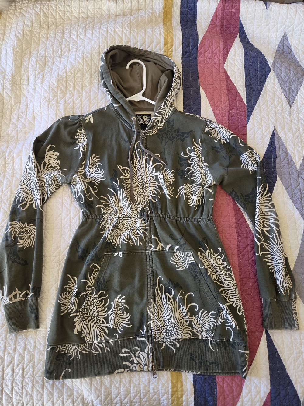 Lucky Brand RARE Olive Green Floral Zip Hoodie Jacket